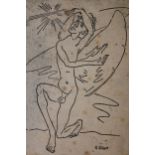 Two unframed woodcut prints, male figures, signed Raymond Moisset, and study of two figures, largest