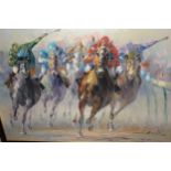 Late 20th Century oil on canvas, study of a horse race, indistinctly signed, 23ins x 35ins