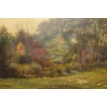 19th Century oil on canvas, landscape with wild fowl before a cottage, gilt framed, indistinctly