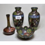 Pair of cloisonne baluster form vases with all-over floral decoration, similar smaller bowl and