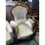 19th Century walnut armchair on carved cabriole supports, (for re-upholstery)