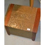 Arts and Crafts oak and beaten copper coal box with hinged sloping lid, 19ins wide