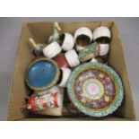Canton floral decorated tazza, Canton enamel matchbox cover, small cloisonne bowl and other