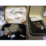 Quantity of gold dress studs, two gold fillings, 9ct gold cased fob watch (at fault), two gold nibs,
