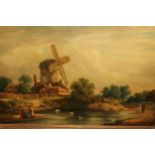 19th Century English school, pair of oil paintings on panels, figures before a windmill and