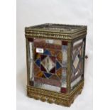 Victorian brass and coloured leaded glass square form lantern, (at fault), 14.5ins high x 9.5ins