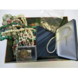 Box containing a quantity of various necklaces including malachite, early Murano beads etc.