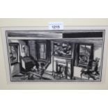 Fiske Boyd, woodcut print, interior scene with a seated figure reading, 6ins x 10.25ins