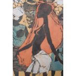 Kenyan woodblock print depicting a group of figures, indistinctly signed and dated 1969, 28.25ins