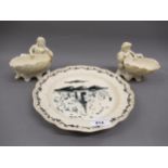 18th Century English blue and white decorated plate, a pair of later 19th Century shell form