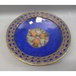 Middle Eastern blue glazed pottery bowl, with copper and white metal mounts, 14ins diameter