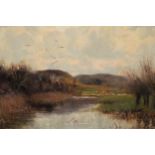 Sidney Pike, oil on canvas, river scene with distant cottages and cattle, signed and dated '05, 8ins