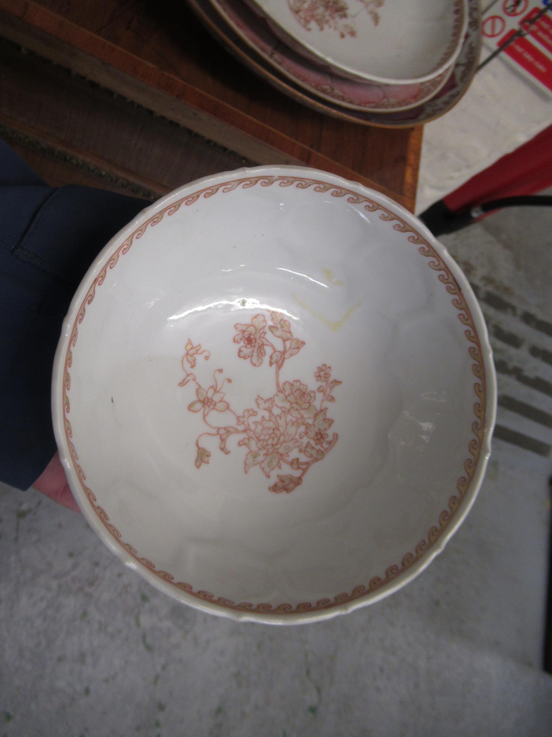 18th Century Chinese famille rose saucer dish painted with a central flowering shrub within a pink - Image 11 of 28