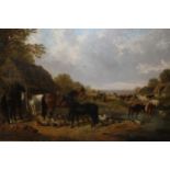 John Frederick Herring, oil on canvas, rural farmyard scene with a group of horses, pigs,