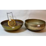 Large oriental bronze pedestal shallow bowl, 16.5ins diameter, together with another brass bowl,