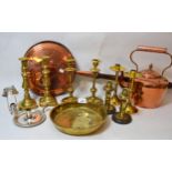 Various brass candlesticks, small antique brass bowl, copper warming pan with a turned fruitwood