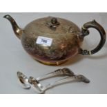 Victorian silver plated melon form teapot, a plated ladle and matching sugar caster spoon