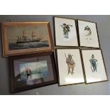 Watercolour, sailing vessels at sea, monogrammed M.B and dated 1915, together with a coloured