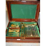 Mahogany box containing various gold plated and other cutlery