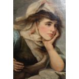 Emily Robinson, late 19th Century oil on canvas, portrait of a young girl leaning on a wall,