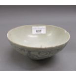 Small antique Chinese bowl decorated in blue and white, 2ins high x 5ins diameter (at fault)