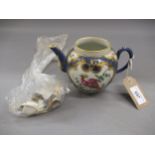 Paris porcelain Worcester type teapot, painted with exotic birds on a blue fish scale ground, (cover