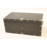 Indian carved hardwood and brass mounted trunk with side carrying handles and fitted interior
