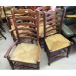 Set of six (five plus one) 18th / 19th Century Lancashire ladderback dining chairs with rush seats