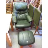 Modern green leather upholstered recliner chair with matching stool