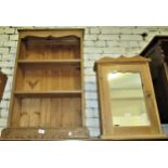 Modern pine three shelf open bookcase and two small pine wall cabinets