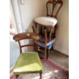 Pair of Victorian mahogany side chairs with blue overstuffed seats, together with another 19th