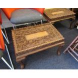 Pair of Indian carved hardwood rectangular coffee tables with glass inserts on cariole supports