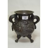 19th Century Chinese bronze two handled vase decorated in high relief with figures of birds and