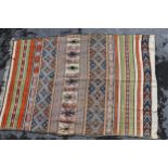 Kelim rug with a central piled section in shades of terracotta, pale blue, green and cream, 7ft