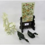 20th Century Chinese jadeite and composition plaque with applied decoration of a figure before