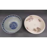 Large 19th Century Chinese blue and white prunus blossom punch bowl, 13.5ins diameter together