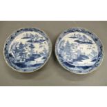 Pair of 18th Century English blue and white saucer dishes decorated with the Willow pattern, 8.25ins