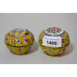 Two small 19th Century Canton enamel circular boxes with covers, 2.5ins diameter approximately