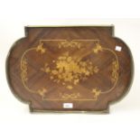 Mahogany and floral marquetry inlaid tray with a shaped pierced brass gallery on low supports, 20ins