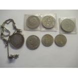 United States of America 1889 one dollar coin, mounted on a white metal fob chain, together with a
