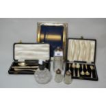 Silver mounted cut glass scent bottle, silver mounted shaker and two condiments, cased set of six