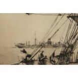 Framed print maritime scene with figures on board a ship, signed A. Briscoe within the plate, 6ins x