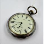 Gun metal cased open face pocket watch, the enamel dial with Roman numerals and subsidiary