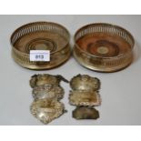 Pair of 20th Century London silver and turned wooden bottle coasters, together with six various