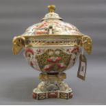 19th Century Royal Crown Derby pedestal vase and cover, with rams head and floral decoration on