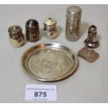 Small silver snuff bottle, in the form of a capstan, two silver condiments, silver scent bottle,