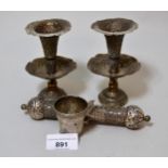 Pair of small Indian floral embossed silver flared rim vases, together with a small Continental