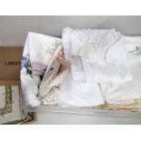 Two crates containing a large quantity of various table linen, crochet work etc. and a boxed set