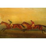 20th Century oil painting on canvas in 19th Century primitive style, horse racing scene, inscribed '