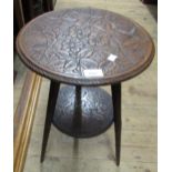Small circular mahogany floral carved two tier table on splay supports, 19th Century chapel chair